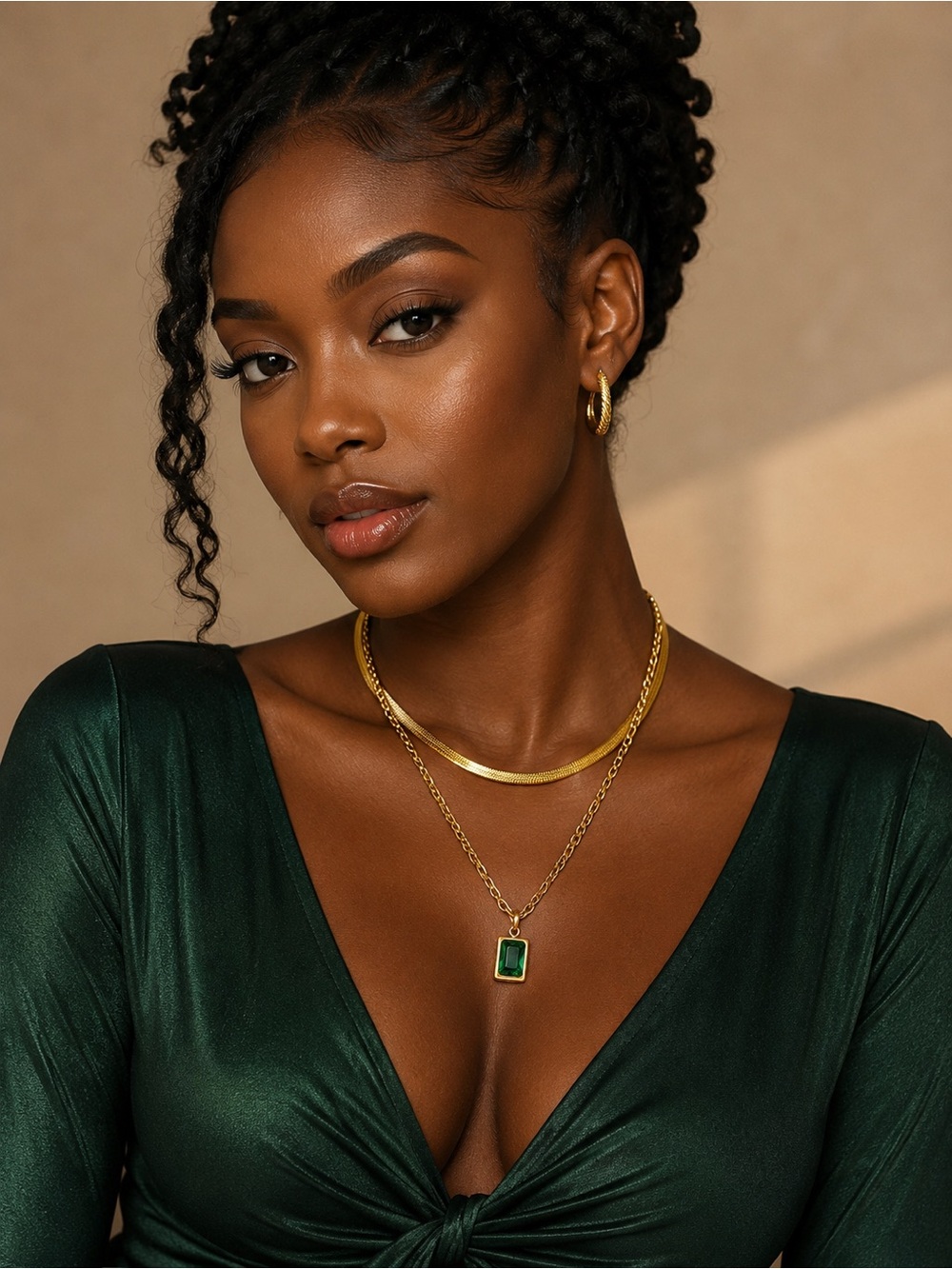 Stainless Steel Gold Emerald Pendant Necklace - Elegant Women Jewelry